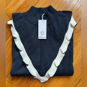 Tory Burch Performance Cashmere Ruffle Half Zip Sweater In Navy / White Size: L